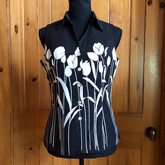 Saint Tropez West Tops - Silk SAINT TROPEZ WEST Lined Sleeveless Blouse Black Eggshell (S)